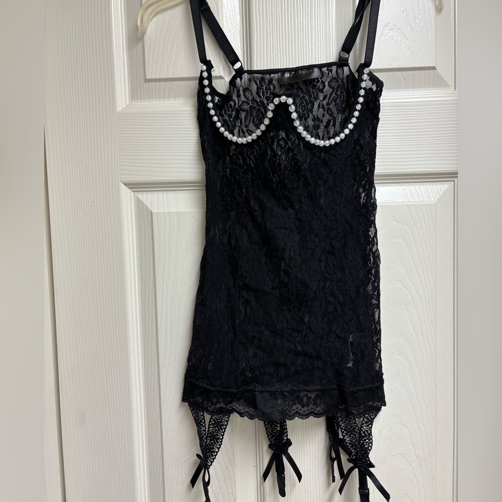 Elegant Black Lace Camisole with Pearl Detail